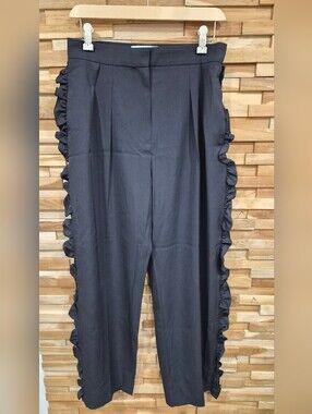 MaxMara Black Straight-Leg Pants with Side Ruffle - Size 8